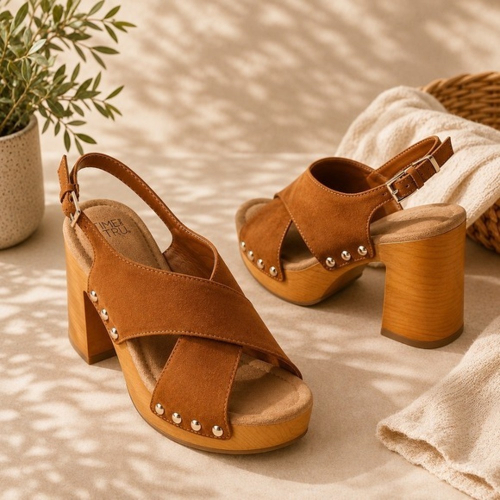 Brown X-Band Platform Block Heel Faux Suede Sandals Womens 9 New NWT